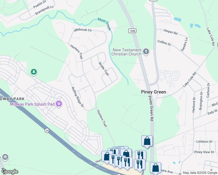 map of restaurants, bars, coffee shops, grocery stores, and more near 2201 Bridle Trail in Piney Green