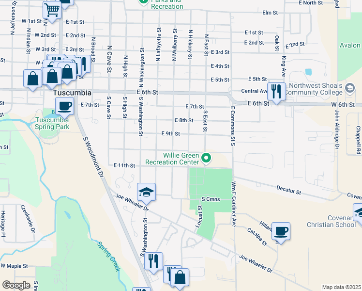 map of restaurants, bars, coffee shops, grocery stores, and more near 501 South Mulberry Street in Tuscumbia