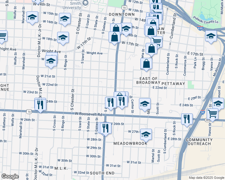 map of restaurants, bars, coffee shops, grocery stores, and more near 2200 Broadway Street in Little Rock
