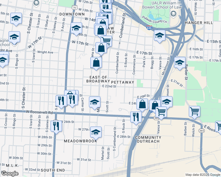 map of restaurants, bars, coffee shops, grocery stores, and more near 2119 Scott Street in Little Rock