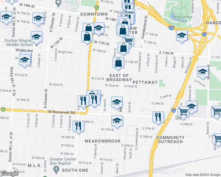 map of restaurants, bars, coffee shops, grocery stores, and more near 2120 South Louisiana Street in Little Rock
