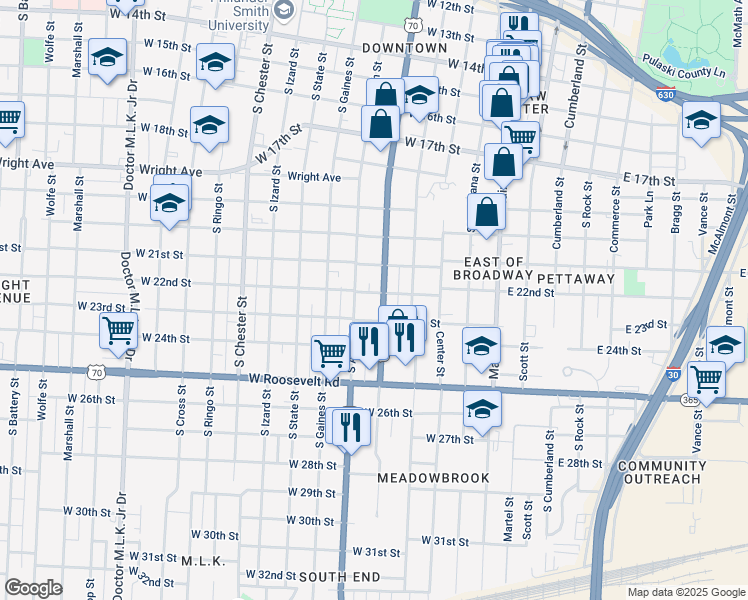 map of restaurants, bars, coffee shops, grocery stores, and more near 2115 Broadway Street in Little Rock