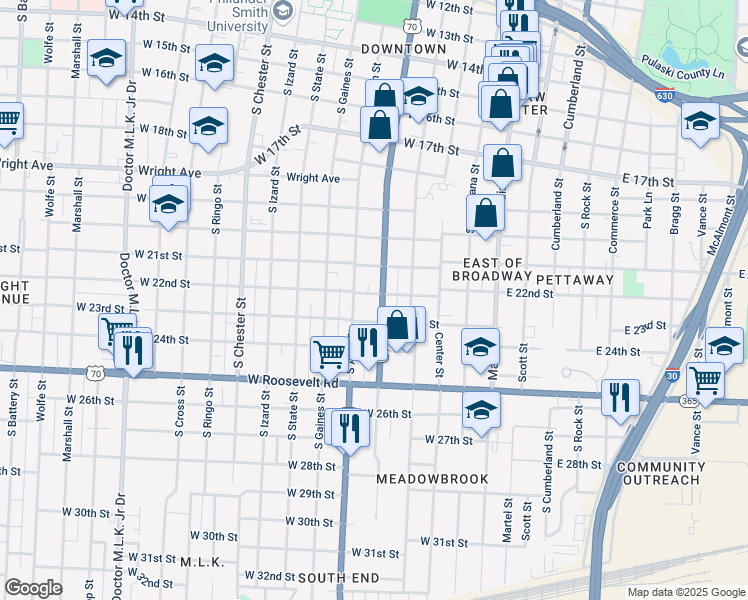 map of restaurants, bars, coffee shops, grocery stores, and more near 2200 Broadway Street in Little Rock