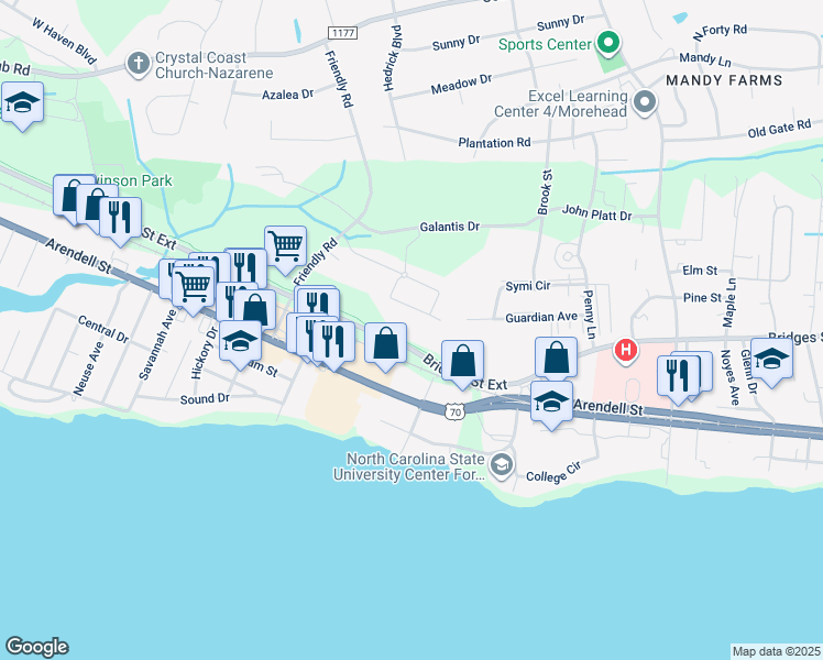 map of restaurants, bars, coffee shops, grocery stores, and more near 4010 Bridges Street in Morehead City