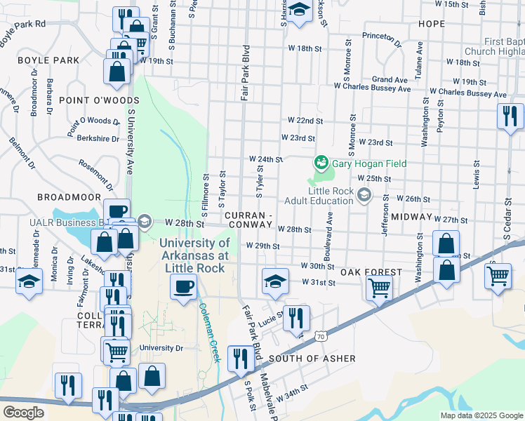 map of restaurants, bars, coffee shops, grocery stores, and more near 2600 South Tyler Street in Little Rock