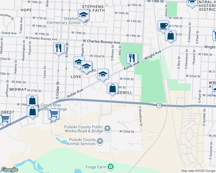 map of restaurants, bars, coffee shops, grocery stores, and more near 3317 West 26th Street in Little Rock