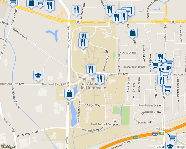 map of restaurants, bars, coffee shops, grocery stores, and more near 32 Holmes Avenue Northwest in Huntsville