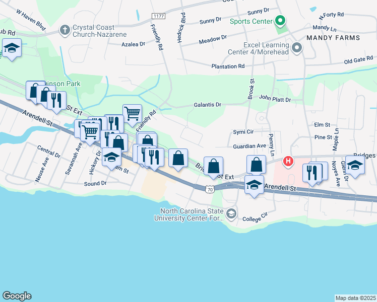 map of restaurants, bars, coffee shops, grocery stores, and more near 4010 Bridges Street in Morehead City