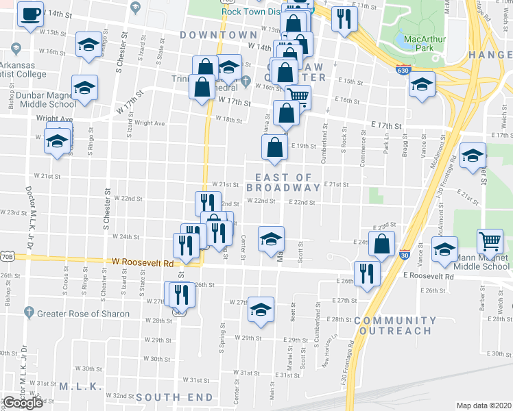 map of restaurants, bars, coffee shops, grocery stores, and more near 2120 South Louisiana Street in Little Rock