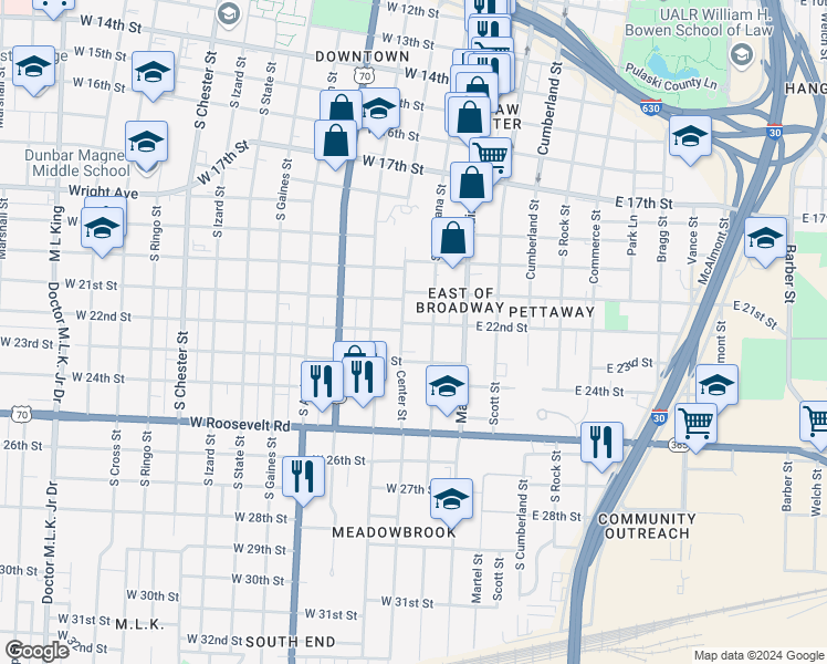 map of restaurants, bars, coffee shops, grocery stores, and more near 2120 South Louisiana Street in Little Rock
