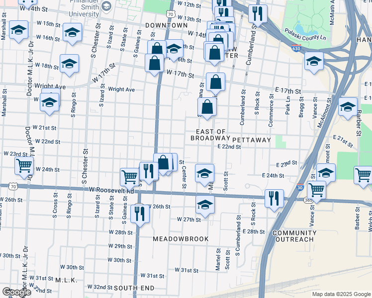 map of restaurants, bars, coffee shops, grocery stores, and more near 2120 South Louisiana Street in Little Rock