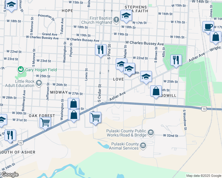map of restaurants, bars, coffee shops, grocery stores, and more near 2517 South Pine Street in Little Rock