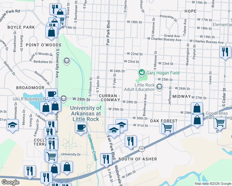map of restaurants, bars, coffee shops, grocery stores, and more near 2600 South Tyler Street in Little Rock