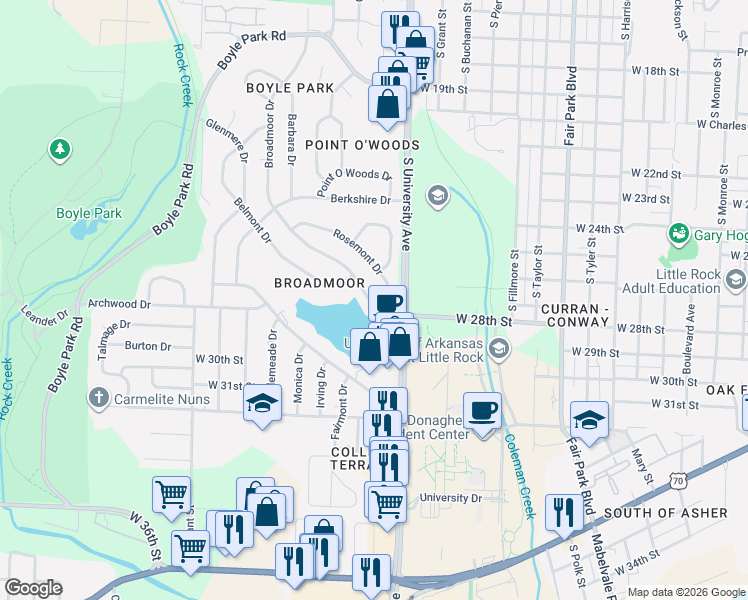 map of restaurants, bars, coffee shops, grocery stores, and more near 7 Rosemont Drive in Little Rock