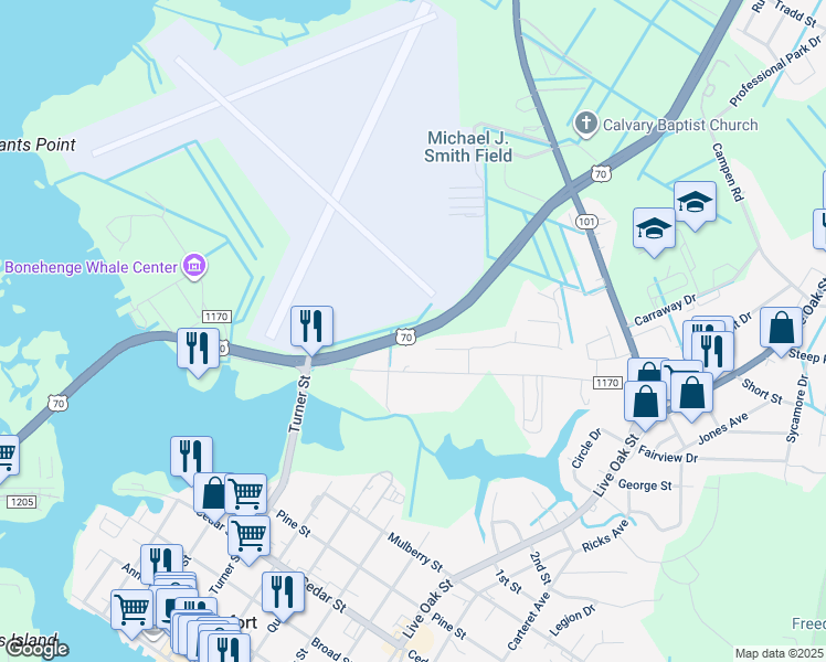 map of restaurants, bars, coffee shops, grocery stores, and more near Beaufort Bypass Road in Beaufort