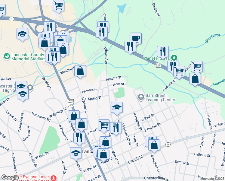 map of restaurants, bars, coffee shops, grocery stores, and more near 110 Clinton School Road in Lancaster
