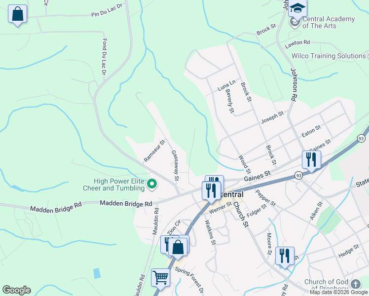 map of restaurants, bars, coffee shops, grocery stores, and more near 318 Gassaway Street in Central