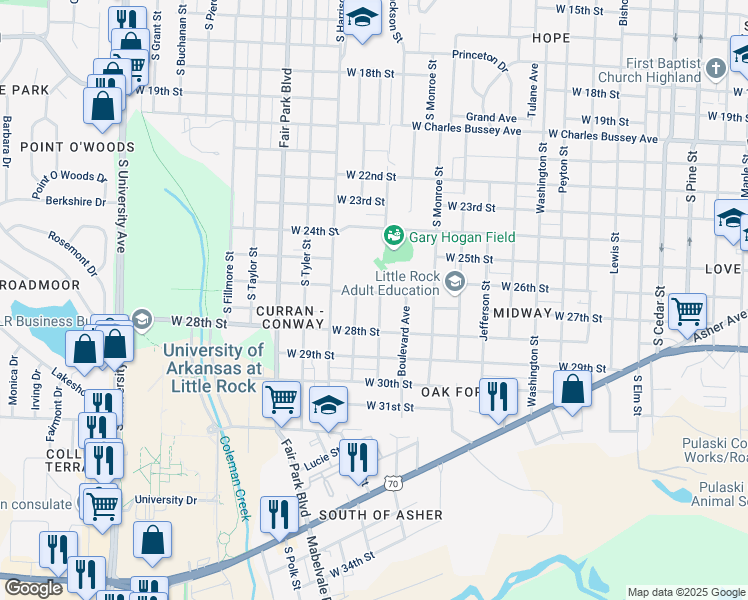 map of restaurants, bars, coffee shops, grocery stores, and more near 2608 South Jackson Street in Little Rock