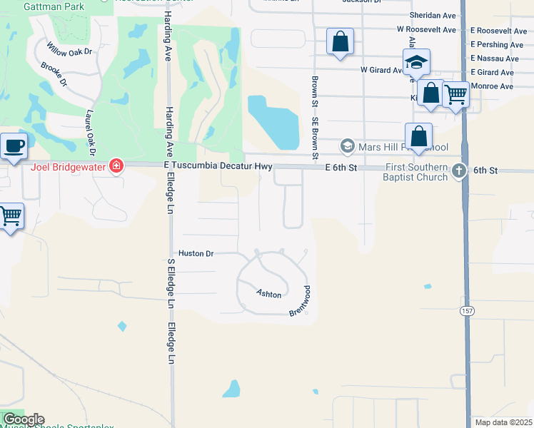 map of restaurants, bars, coffee shops, grocery stores, and more near 1600-2676 West McGuire Drive in Muscle Shoals