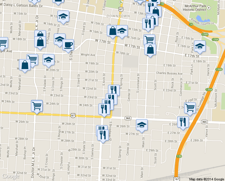 map of restaurants, bars, coffee shops, grocery stores, and more near 2201 S Broadway St in Little Rock