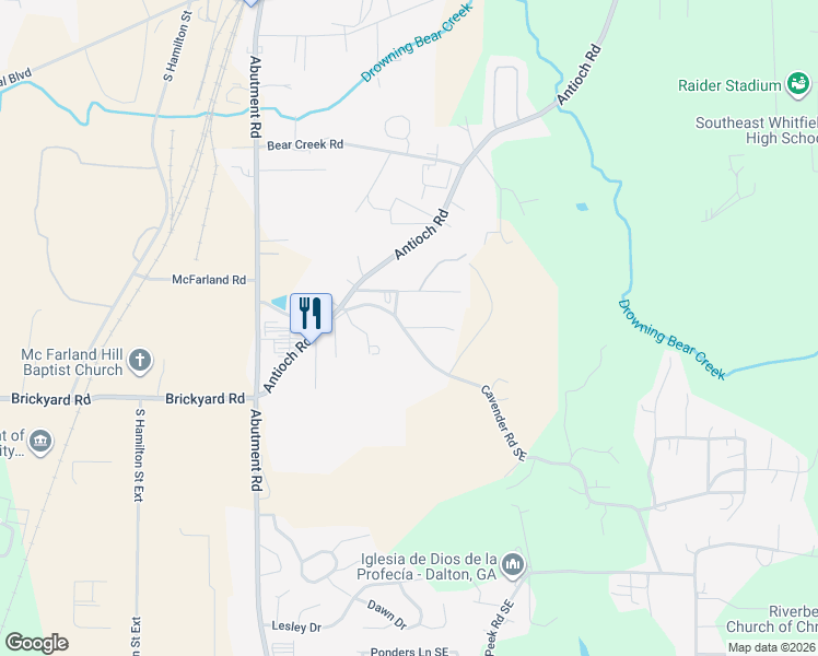 map of restaurants, bars, coffee shops, grocery stores, and more near 723 Cavender Road Southeast in Dalton