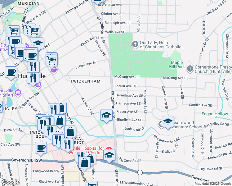 map of restaurants, bars, coffee shops, grocery stores, and more near 1000 Locust Avenue Southeast in Huntsville