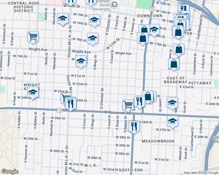 map of restaurants, bars, coffee shops, grocery stores, and more near 2123 South Izard Street in Little Rock