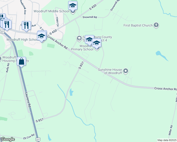 map of restaurants, bars, coffee shops, grocery stores, and more near 1026 Cross Anchor Road in Woodruff