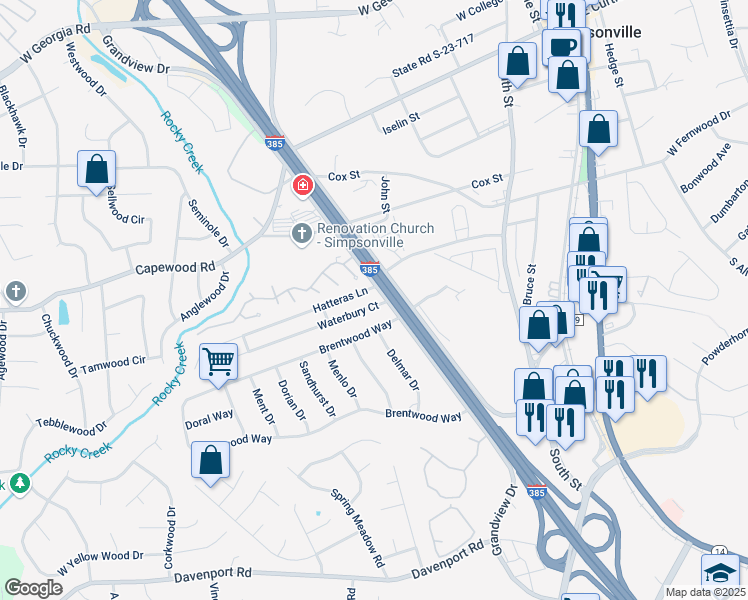 map of restaurants, bars, coffee shops, grocery stores, and more near 102 Waterbury Court in Simpsonville