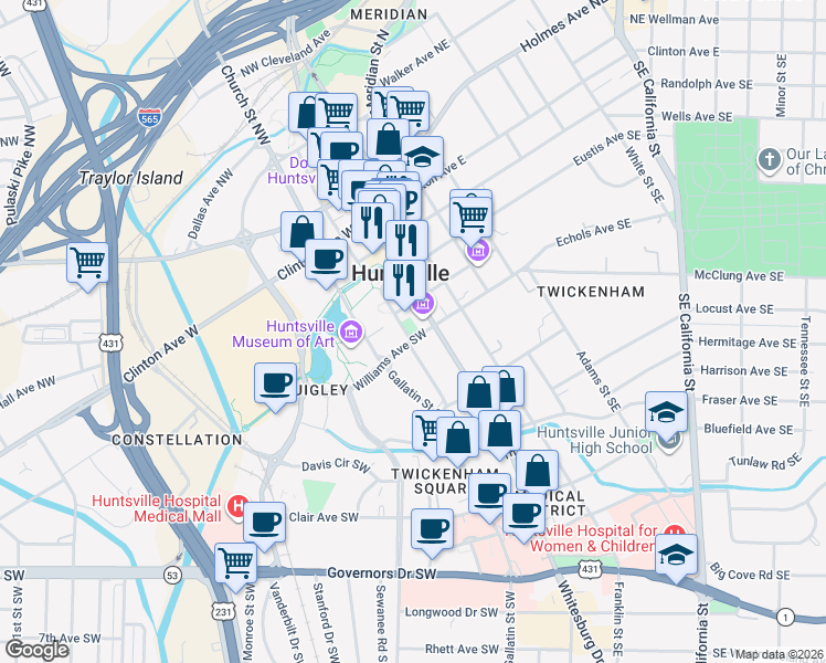 map of restaurants, bars, coffee shops, grocery stores, and more near 315 Fountain Circle Southwest in Huntsville