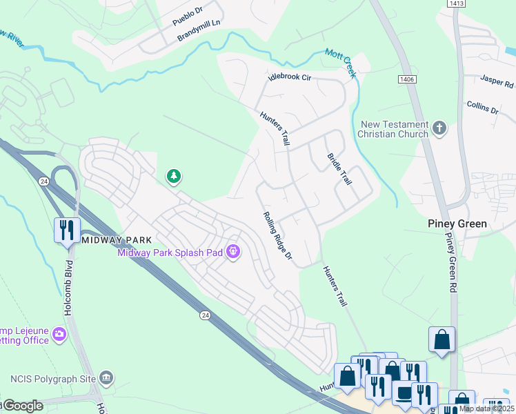 map of restaurants, bars, coffee shops, grocery stores, and more near 2123 Rolling Ridge Drive in Jacksonville