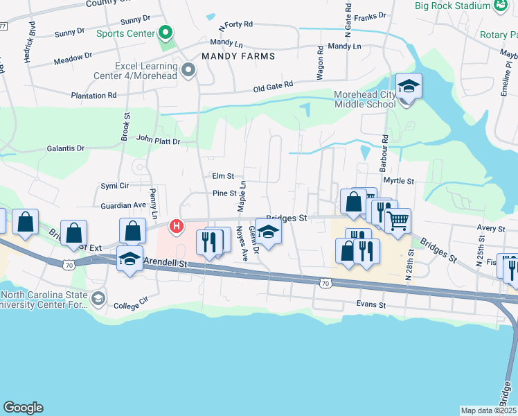 map of restaurants, bars, coffee shops, grocery stores, and more near 3328 Bridges Street in Morehead City