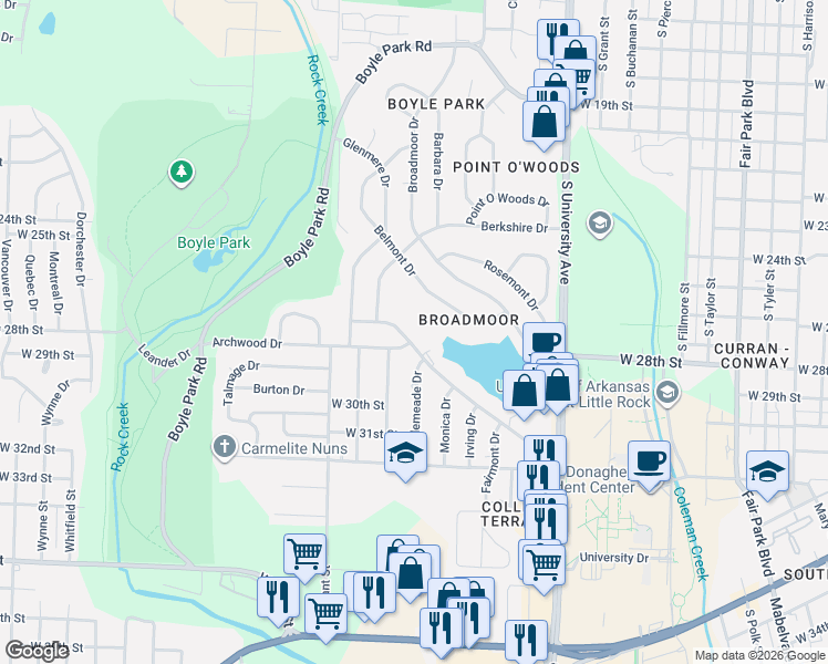 map of restaurants, bars, coffee shops, grocery stores, and more near 68 Lakeshore Drive in Little Rock