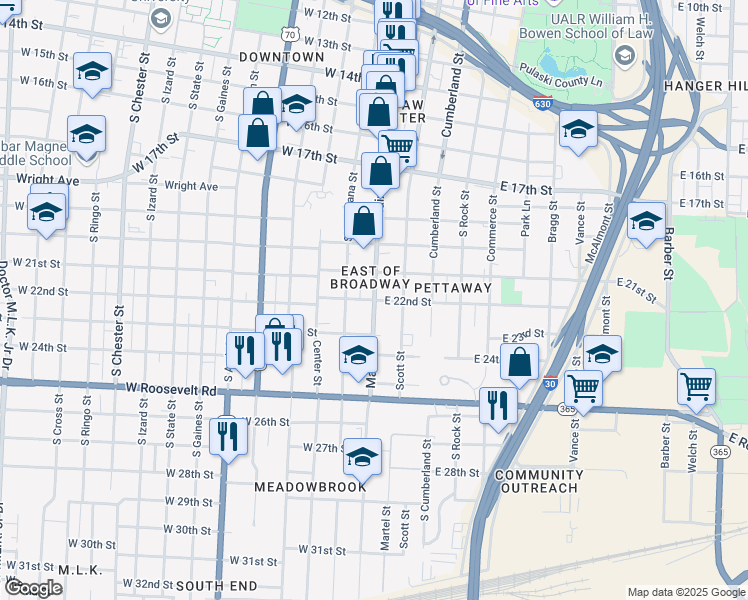 map of restaurants, bars, coffee shops, grocery stores, and more near 101 West 22nd Street in Little Rock