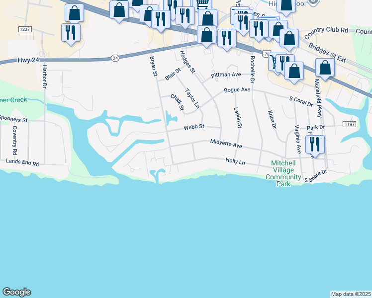 map of restaurants, bars, coffee shops, grocery stores, and more near 5125 Midyette Avenue in Morehead City