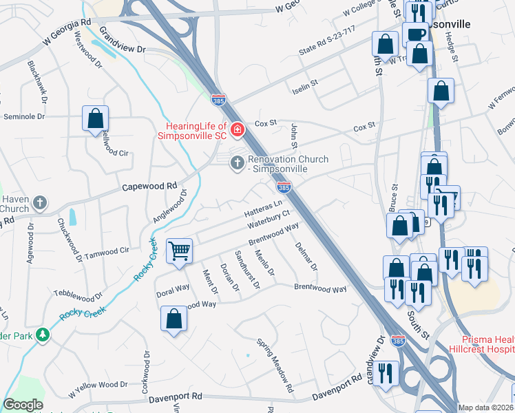 map of restaurants, bars, coffee shops, grocery stores, and more near 3200 Grandview Drive in Simpsonville