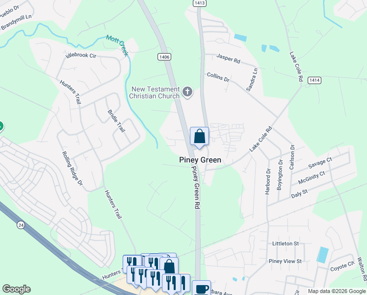 map of restaurants, bars, coffee shops, grocery stores, and more near 349 Piney Green Road in Jacksonville