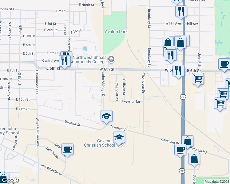 map of restaurants, bars, coffee shops, grocery stores, and more near 101-199 Wynchase Drive West in Muscle Shoals