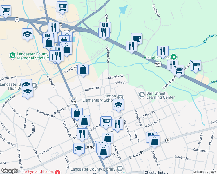 map of restaurants, bars, coffee shops, grocery stores, and more near 435 Clinton Avenue in Lancaster