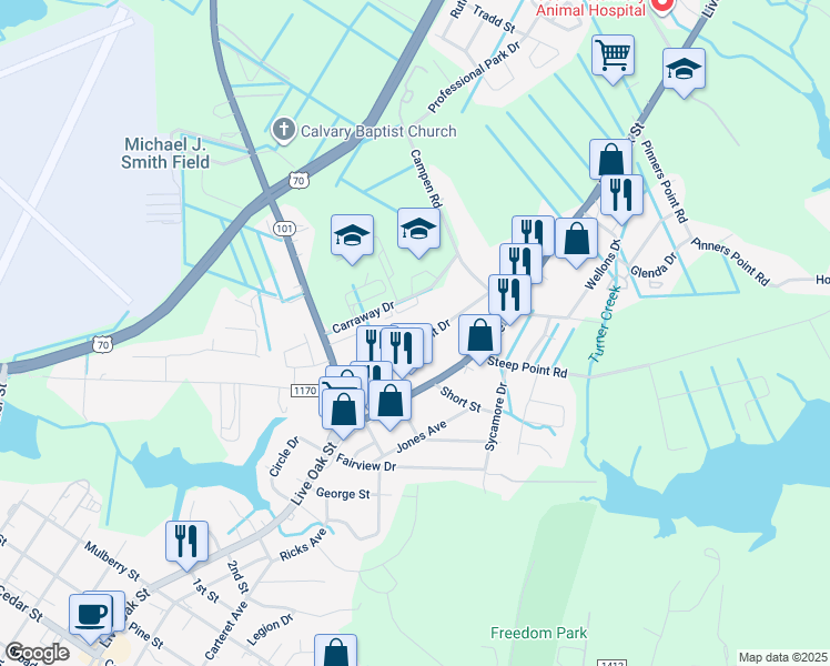 map of restaurants, bars, coffee shops, grocery stores, and more near 105 Crescent Drive in Beaufort
