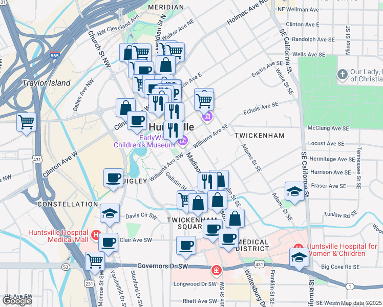map of restaurants, bars, coffee shops, grocery stores, and more near 104 Williams Avenue Southeast in Huntsville