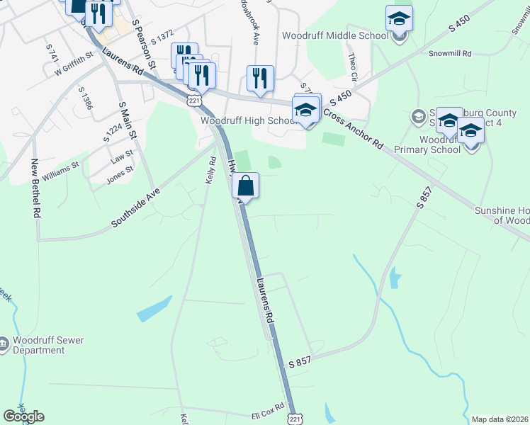 map of restaurants, bars, coffee shops, grocery stores, and more near 129 Vickery Road in Woodruff