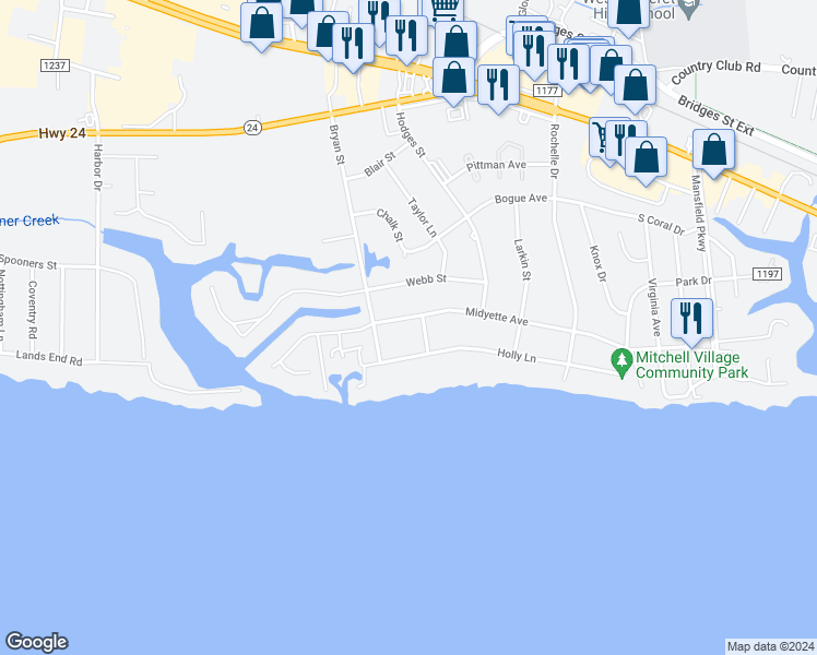 map of restaurants, bars, coffee shops, grocery stores, and more near 5125 Midyette Avenue in Morehead City