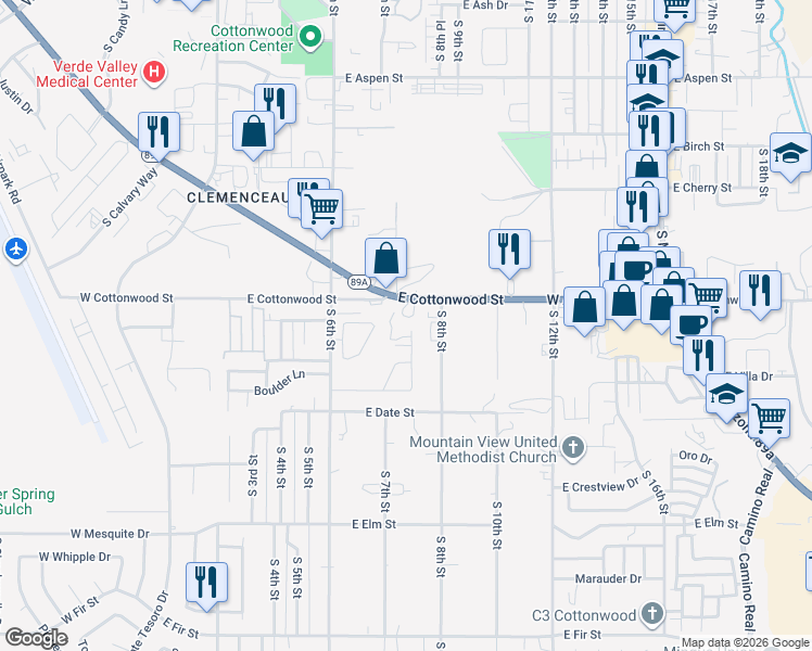 map of restaurants, bars, coffee shops, grocery stores, and more near 630 South 7th Place in Cottonwood