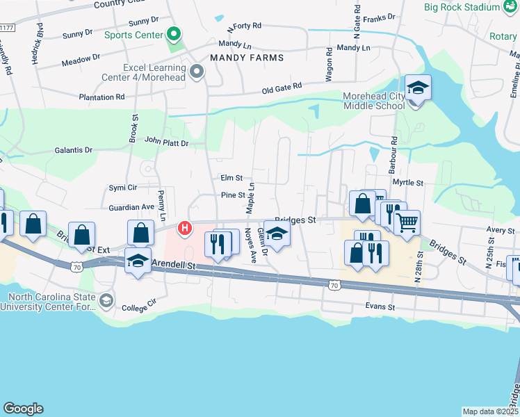 map of restaurants, bars, coffee shops, grocery stores, and more near 3328 Bridges Street in Morehead City