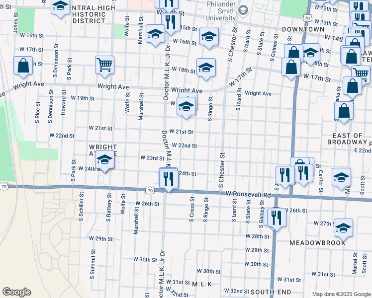 map of restaurants, bars, coffee shops, grocery stores, and more near 1203 West 22nd Street in Little Rock