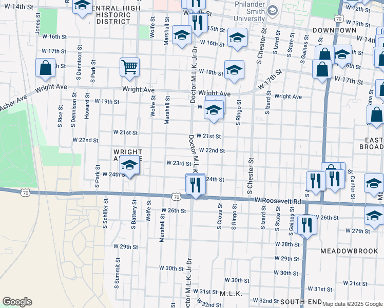 map of restaurants, bars, coffee shops, grocery stores, and more near 1315 West 22nd Street in Little Rock