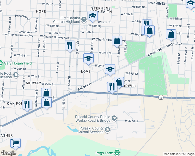 map of restaurants, bars, coffee shops, grocery stores, and more near 2514 South Valentine Street in Little Rock