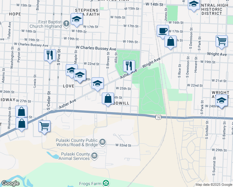map of restaurants, bars, coffee shops, grocery stores, and more near 2517 Allis Street in Little Rock