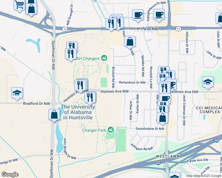 map of restaurants, bars, coffee shops, grocery stores, and more near 803 Brickell Road Northwest in Huntsville